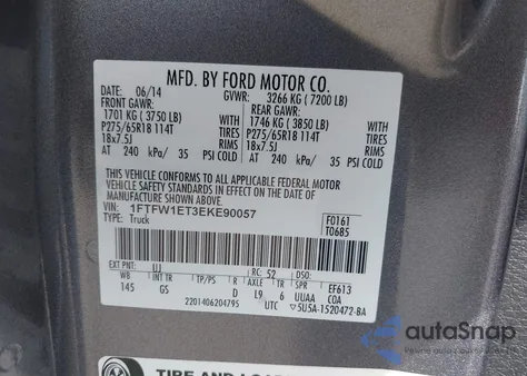 2014 Ford F-150 Xlt из США, поврежденный, VIN 1FTFW1ET3EKE90057